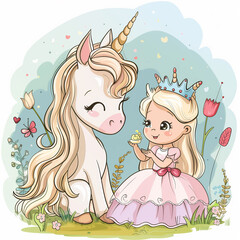 cartoon unicorn and princess in a field of flowers