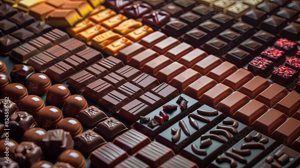 Aufkleber Various chocolate bars of different flavors and types neatly arranged on a table. Generative AI