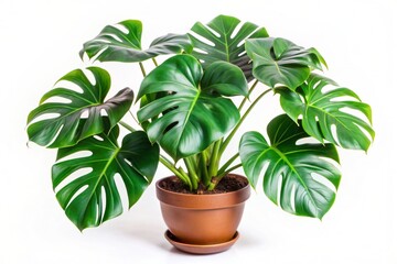 Monstera in a pot isolated on white background, Close up of tropical leaves