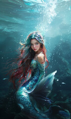 mermaid with long red hair sitting on rock under water