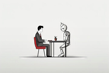 Robot sitting at table next to man sitting at table.