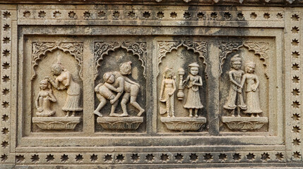 Carvings of Hindu traditions and Sports on Ahilya Devi Maheshwar Fort, Madhya Pradesh, India.