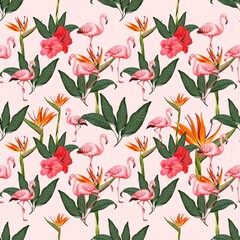 flamingo bird of paradise, strelitzia, flower, tropical, seamless pattern with flowers summer