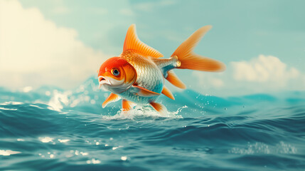 Obraz premium Goldfish break water's surface under the cloudy blue sky.
