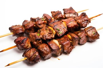 Kenyan nyama choma, grilled meat skewers. White background.