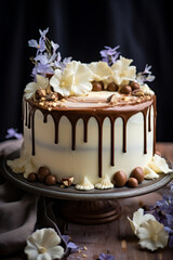 Cake with chocolate and white flowers on plate with cloth.