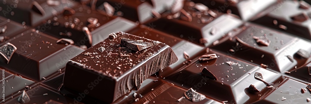 Aufkleber Detailed close-up shot of a dark chocolate bar with bite missing, showing smooth texture and break lines. Generative AI
