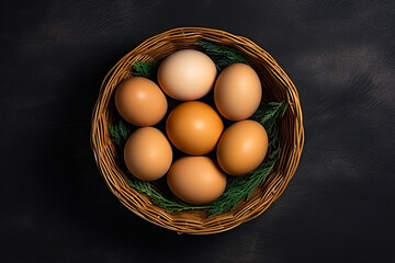 Basket of eggs on black surface with black background.