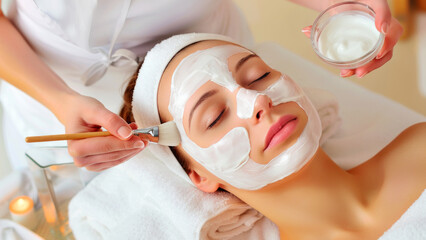 Relaxing Facial Treatment with Cream Mask Applied by Professional Aesthetician at Spa