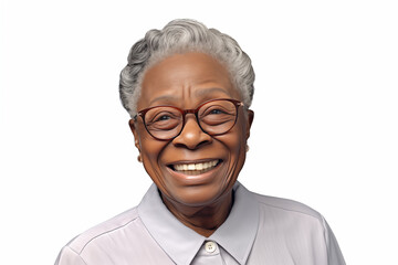 Smiling senior black woman on white background. Topics related to old age. Afro american. Africa. Retirement home. Retirement. Image for Graphic Designer. Senior residence. AI.