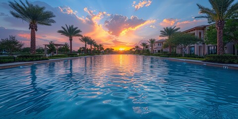 A luxurious tropical resort with a stunning pool and scenic ocean view.