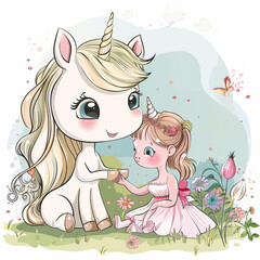 cartoon unicorn and little girl in a flower garden