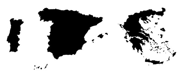 Black silhouette of Spain, Portugal and Greece. Map illustration of European countries.	