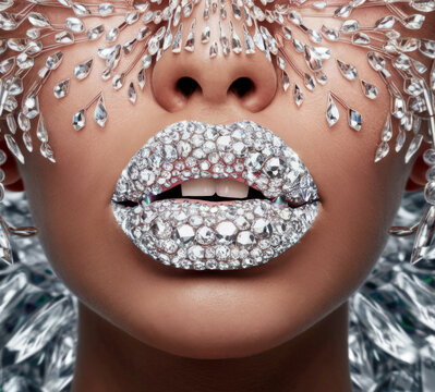 A close-up of the model's crystal-covered lips and face adorned with extravagant crystal designs that highlight luxury and creativity