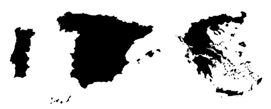 Black silhouette of Spain, Portugal and Greece. Map illustration of European countries.	