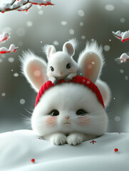 there is a white cat and a white mouse sitting on top of each other