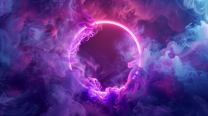 purple and blue smoke swirls around a circular object in a dark background