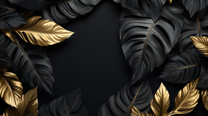 a close up of a black and gold leaf background with a black background