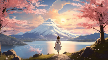 anime scene of a woman walking towards a mountain with a lake
