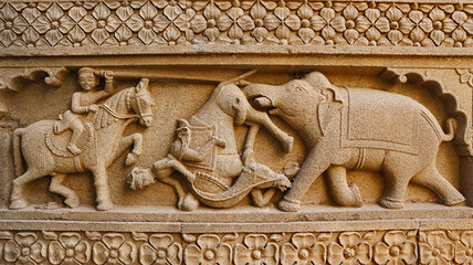 Carving of War Scene of Elephant, Camel and Horse, Ahilya Devi Maheshwar Fort, Madhya Pradesh,...