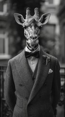 A giraffe dressed in a suit and bow tie attends a prestigious gala event