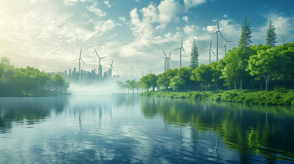 there is a lake with wind turbines in the background