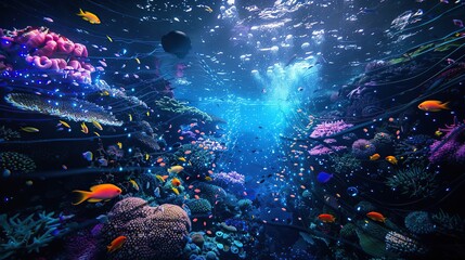 Colorful underwater scenery with lots of fish and coral reefs sunlight penetrating underwater.