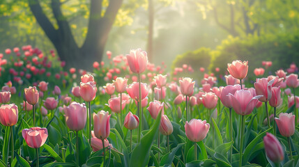 there are many pink tulips in a field of green grass