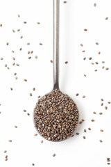 Chia seeds in iron spoon on white background