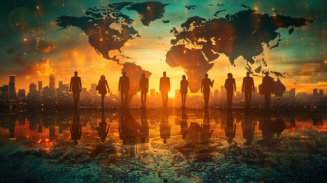 global business concept business people standing on world map background stock image
