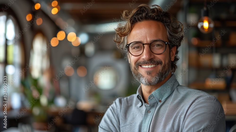 Wall mural smiling confident business leader looking at camera and standing in an office at team meeting.illustration