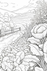 coloring pages of a garden with a fence and flowers