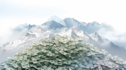 there is a large pile of money sitting on top of a mountain