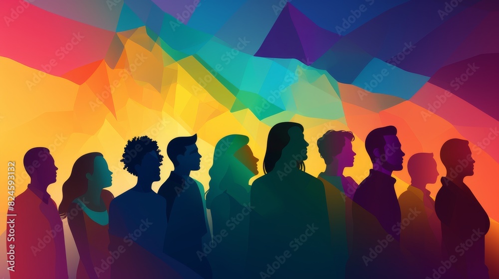 Wall mural Colorful silhouettes of diverse people holding hands, Diversity Equity and Inclusion, modern company background