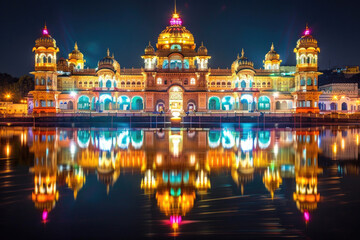 Mysore Palace in India illuminated at night with its vibrant colors and ornate architecture