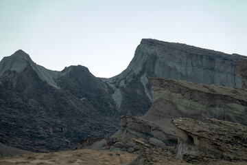 Volcanology. Volcanic landscape, traces of an old eruption, solidified lava, lava crust. Qeshm, Iran