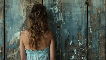 Naklejka premium A woman with long brown hair is standing in front of a wooden wall
