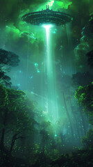 spaceship flying over a forest with a waterfall of water