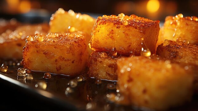 Crispy tater tots with savory salty spices with black and blur background