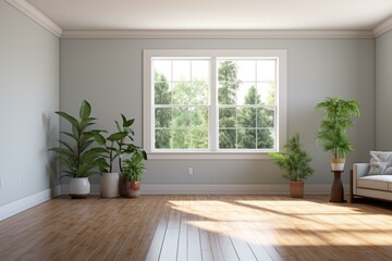 Modern Living Room with Large Windows and Greenery