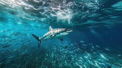 Fototapeta premium Shark hunting in schools of sardines in the open ocean. A majestic shark peering through a dense school of sardines.