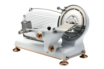 Elegant Fusion: A White and Gold Electric Meat Slicer on a White or Clear Surface PNG Transparent Background.