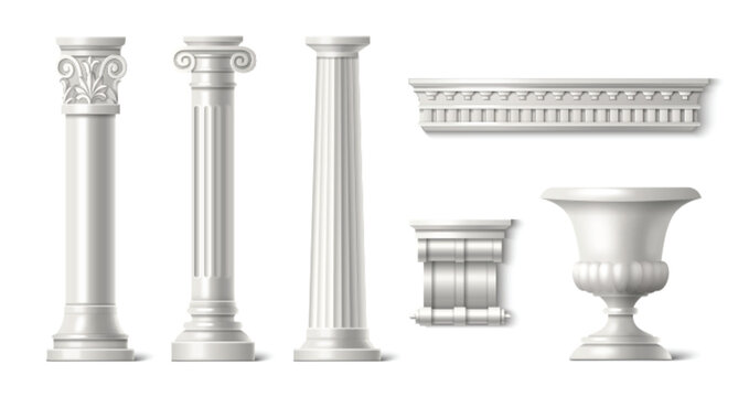 Ancient roman column, stone pillar and vase. Realistic 3d vector illustration set of white antique greek marble temple building elements. Grecian baroque palace sculpture entrance or interior objects.
