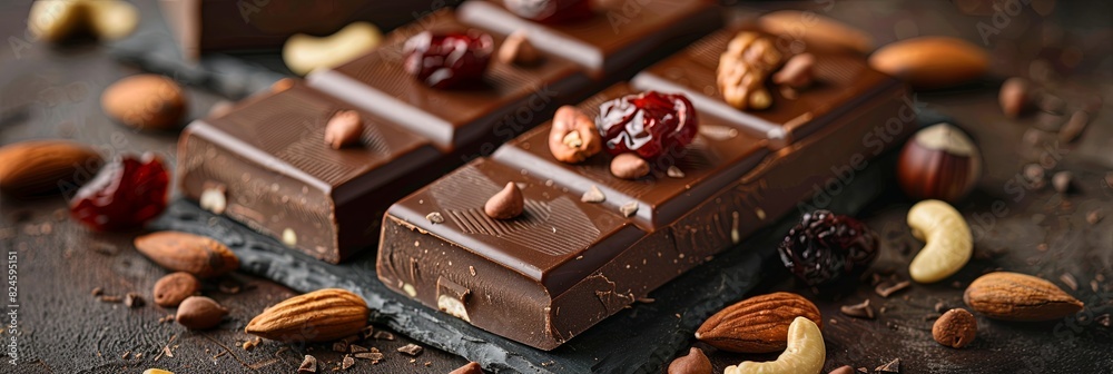 Poster a chocolate bar adorned with nuts and cranberries, showcasing high detail and rich textures. generat