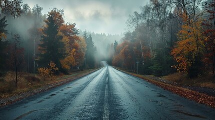 Misty Autumn Road Through the Forest