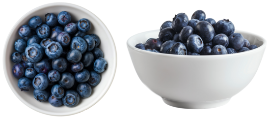 Blueberry in a white bowl collection, side and top view, isolated on a transparent background