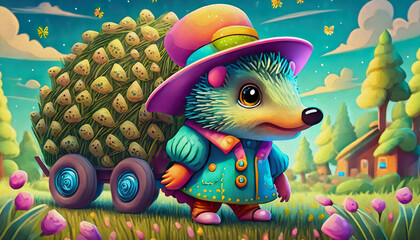 oil painting style cartoon character illustration Multicolored close up cute baby hedgehog in a farmer's costume,