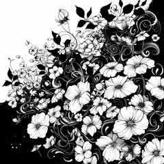 a black and white drawing of a bunch of flowers