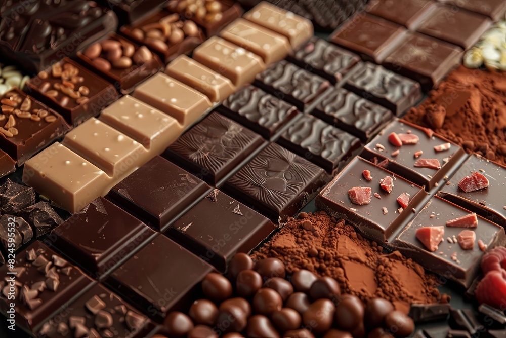 Aufkleber Various chocolate bars in different flavors and types are neatly arranged on a table. Generative AI
