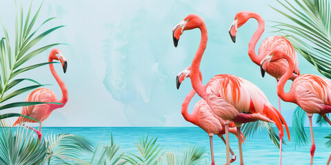 flamingos are standing in the water near the shore of the ocean